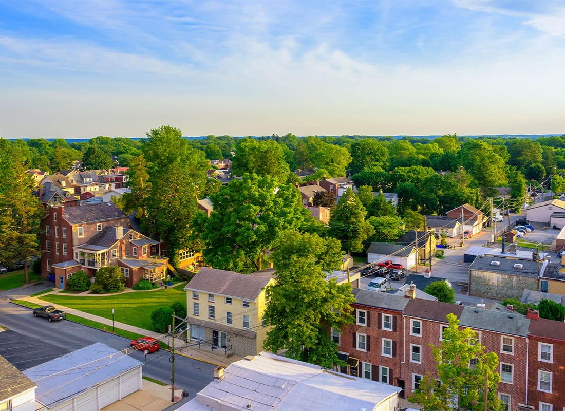 Malvern, PA - Aerial View of Suburban Houses and Sunset Sky - West Chester, Pennsylvania, USA